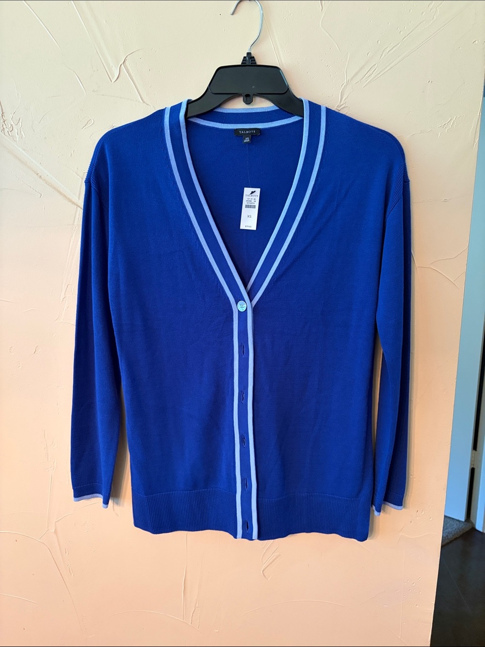 NWT Talbots Royal Blue V-Neck Button Front Cardigan with Light Blue Trim